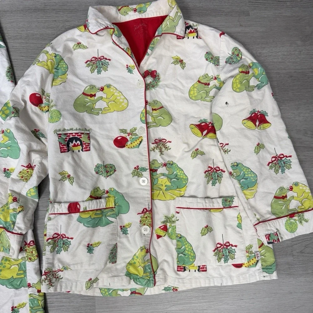 Vintage Nick & Nora Christmas Kissing Frog Flannel Pajama Set S 100% Cotton‎
